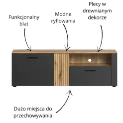 Szafka RTV Esteban 150 cm – nowoczesna szafka grafit/dąb evok z szufladą i wnęką