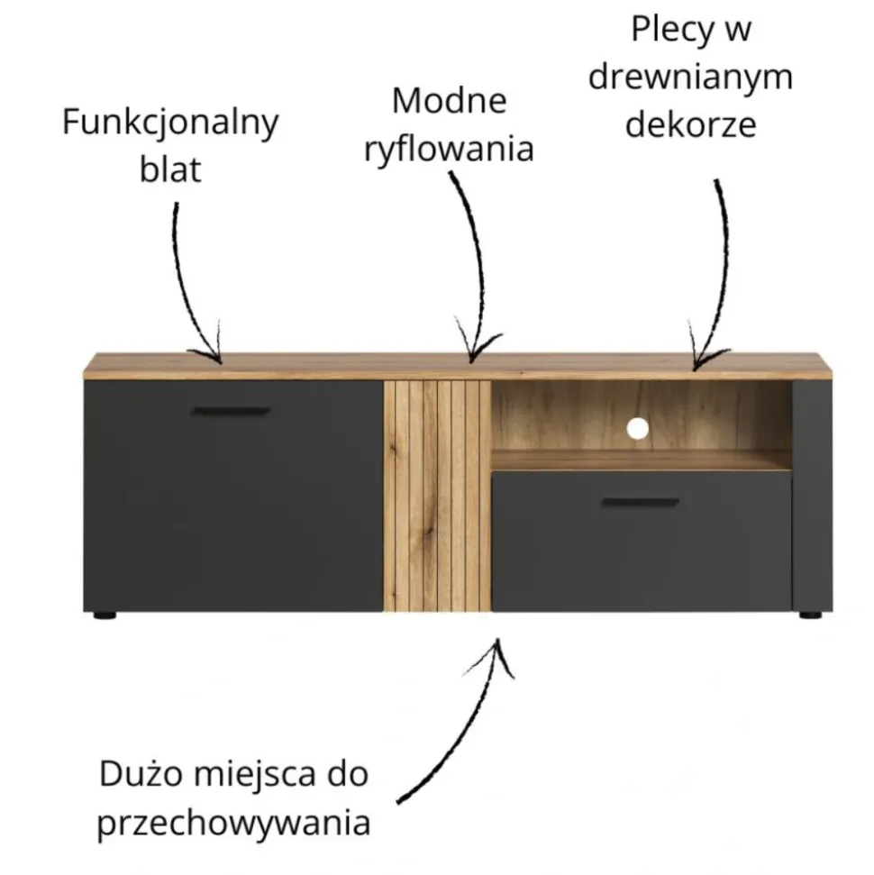 Szafka RTV Esteban 150 cm – nowoczesna szafka grafit/dąb evok z szufladą i wnęką