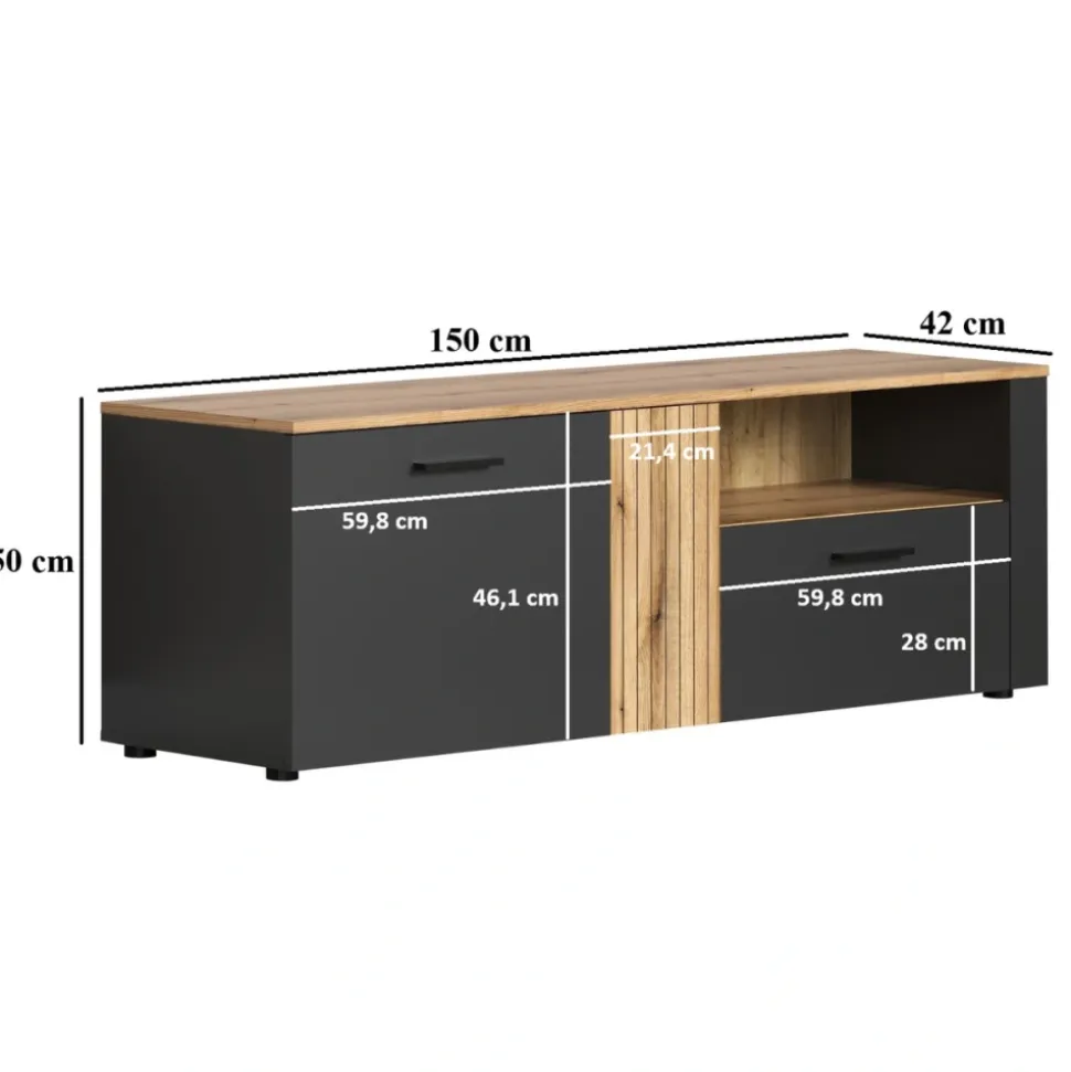 Szafka RTV Esteban 150 cm – nowoczesna szafka grafit/dąb evok z szufladą i wnęką