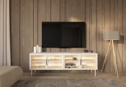 Szafka RTV Lumi 4D – kaszmir / złote uchwyty / białe nóżki z oświetleniem LED i hartowanym szkłem