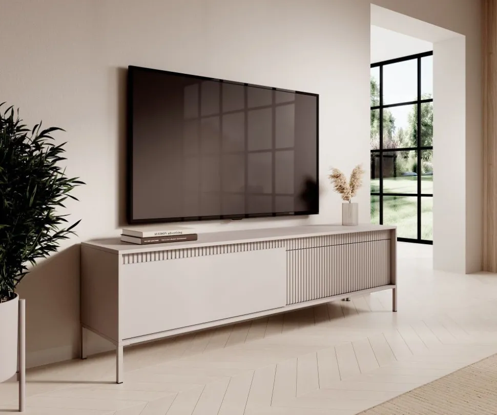 Szafka RTV ryflowana z szafkami 187 cm Senso 2d beżowa