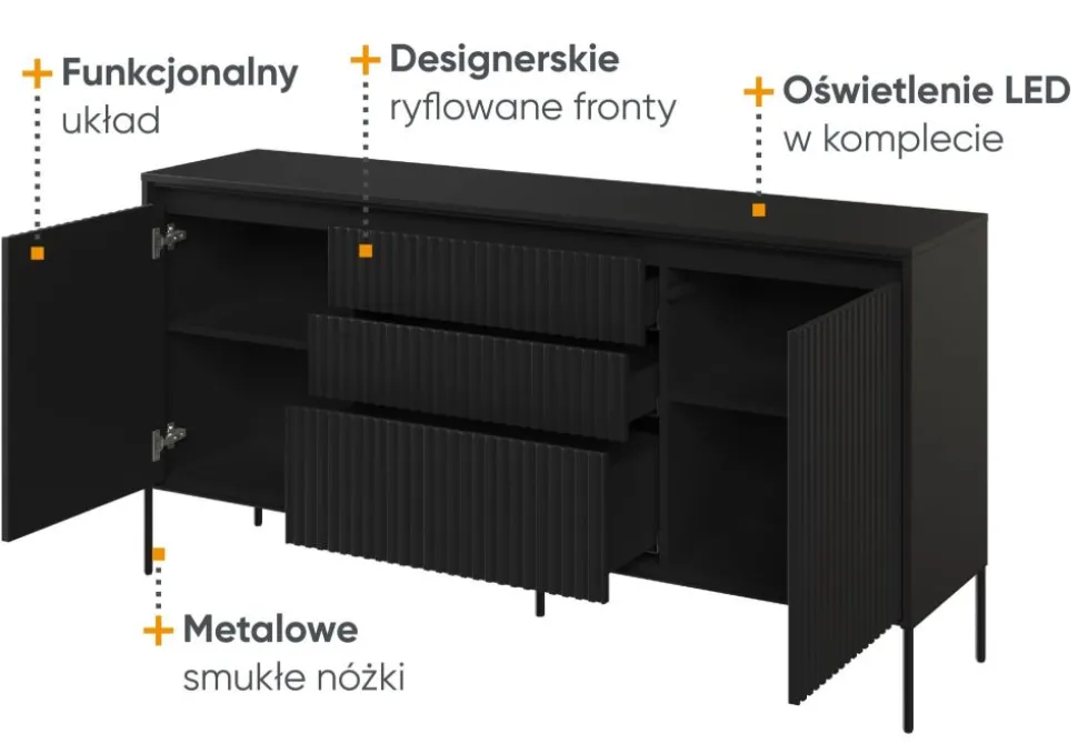 Szeroka komoda ryflowana Lenart Trend TR-01 czarna