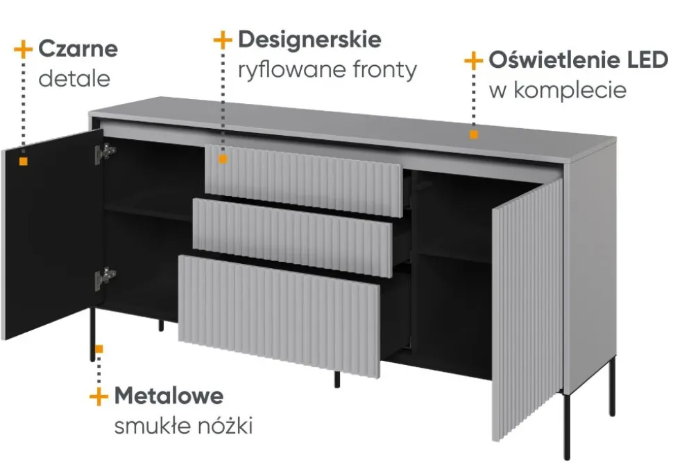 Szeroka komoda ryflowana Lenart Trend TR-01 szara