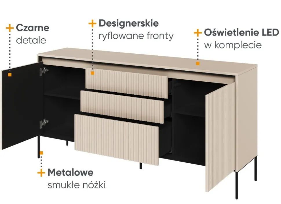 Szeroka komoda ryflowana Lenart Trend TR-01 beż piaskowy