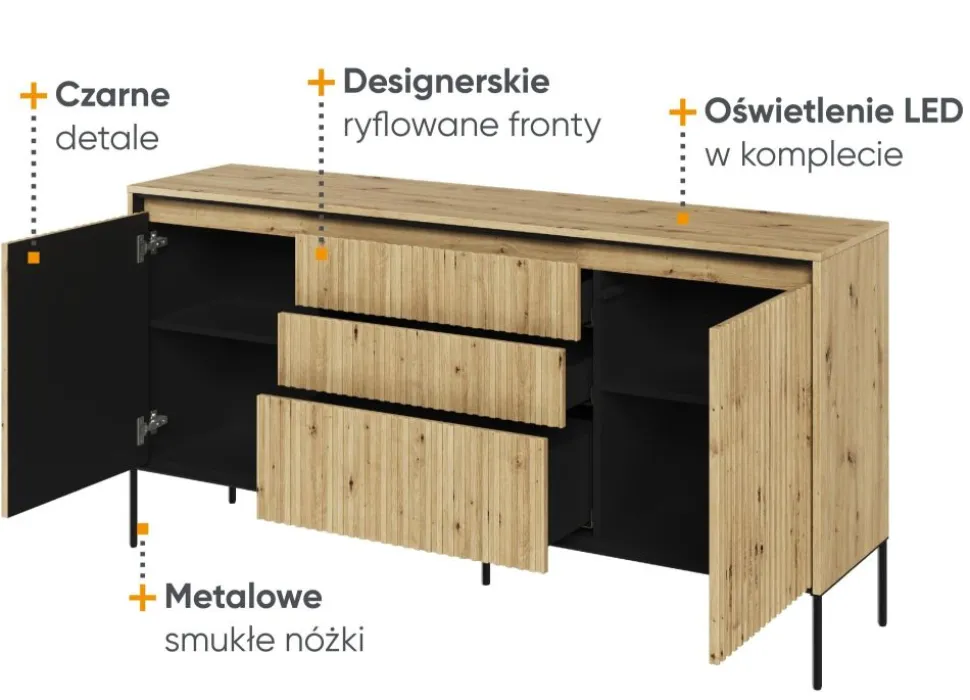 Szeroka komoda ryflowana Lenart Trend TR-01 dąb artisan