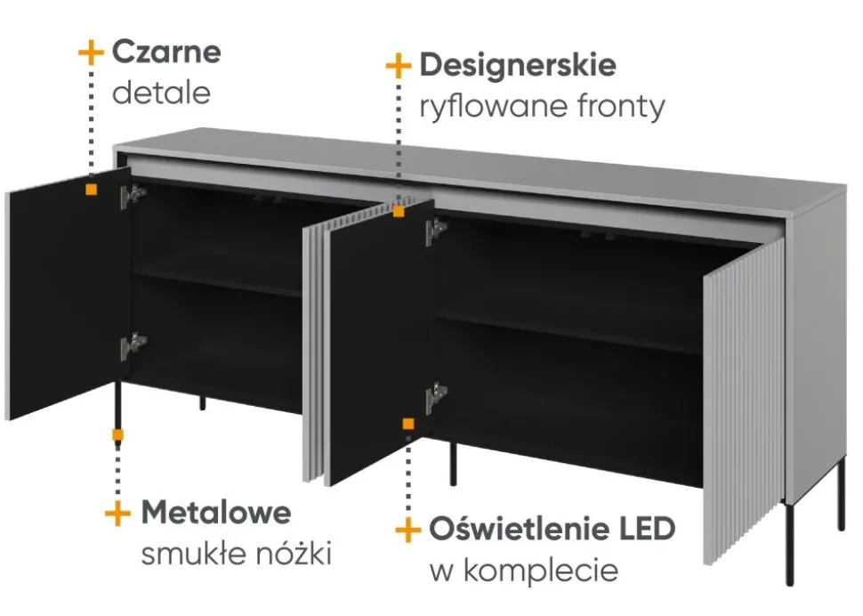 Szeroka ryflowana komoda Lenart Trend TR-04 szara
