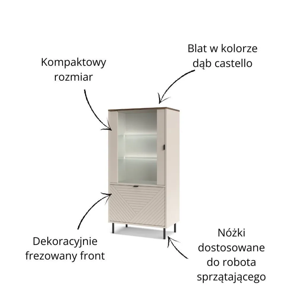 Szeroka witryna loftowa do salonu EVO 1D1W kaszmir / dąb castello EO-07