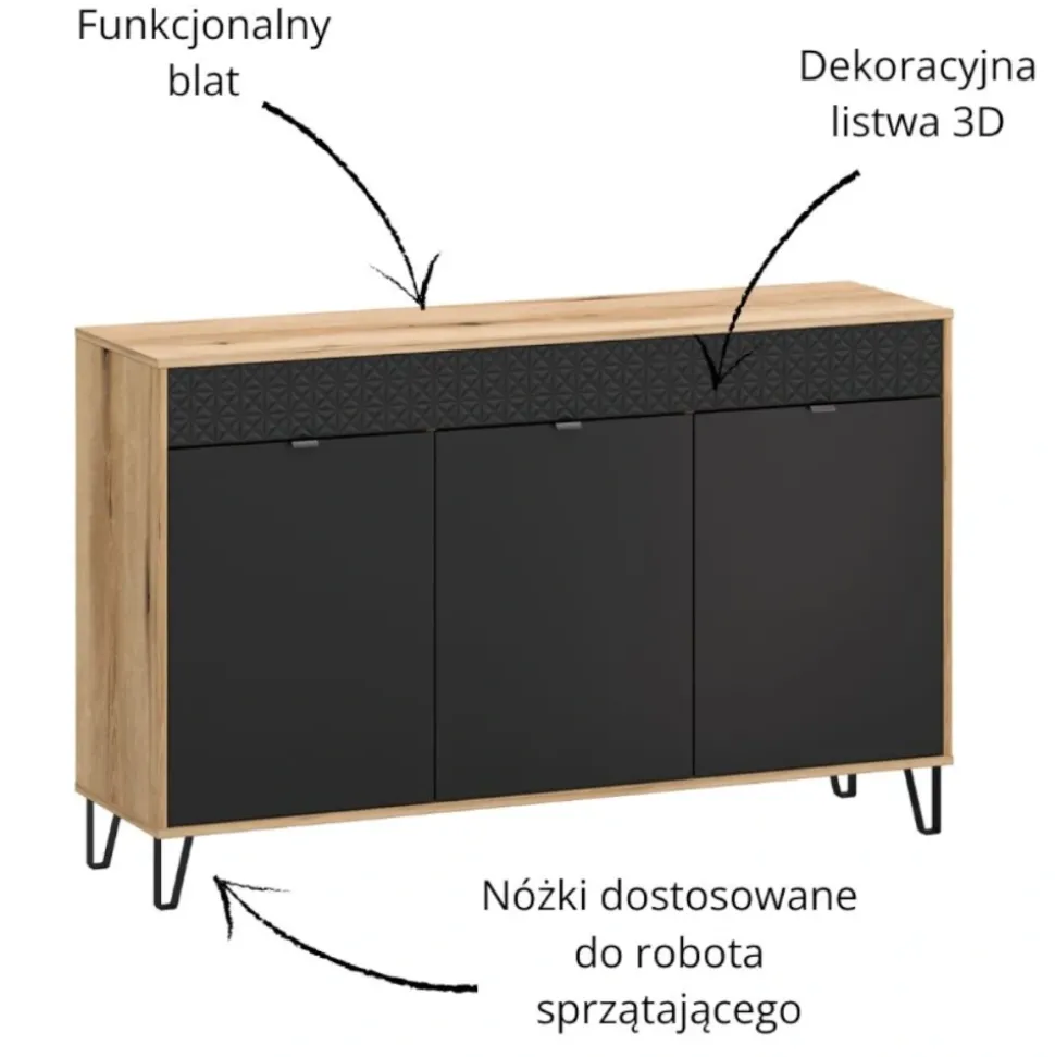 Trzydrzwiowa komoda z ryflowanym frontem Bellano 3D