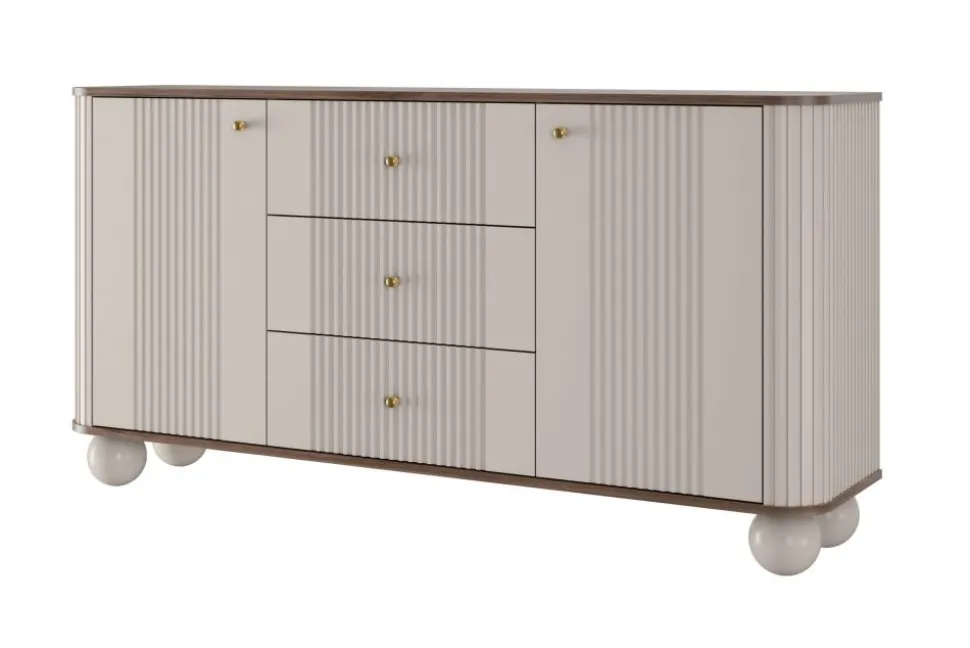 VESPER KOMODA 160 2D3SZ - cashmere mdf / orzech / złote uchwyty / nogi kule