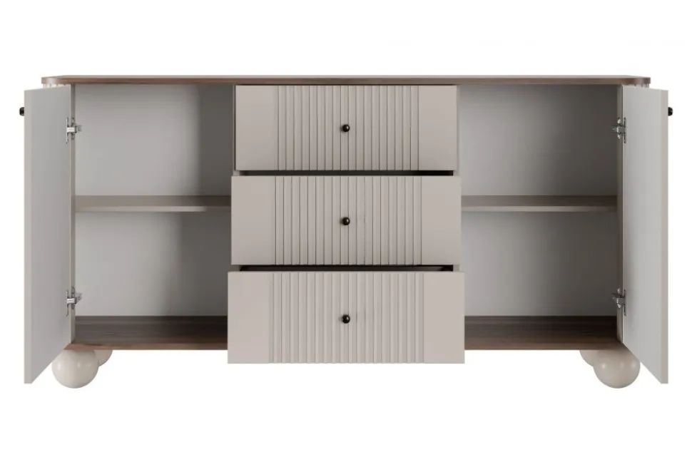 VESPER KOMODA 160 2D3SZ - cashmere mdf / orzech / czarne uchwyty / nogi kule