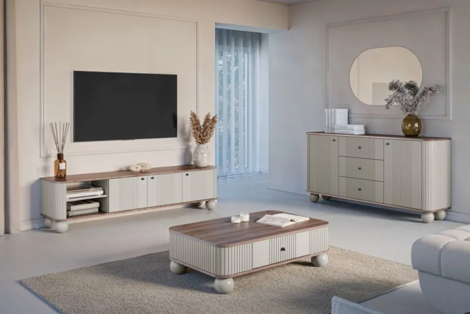VESPER KOMODA 160 2D3SZ - cashmere mdf / orzech / czarne uchwyty / nogi kule