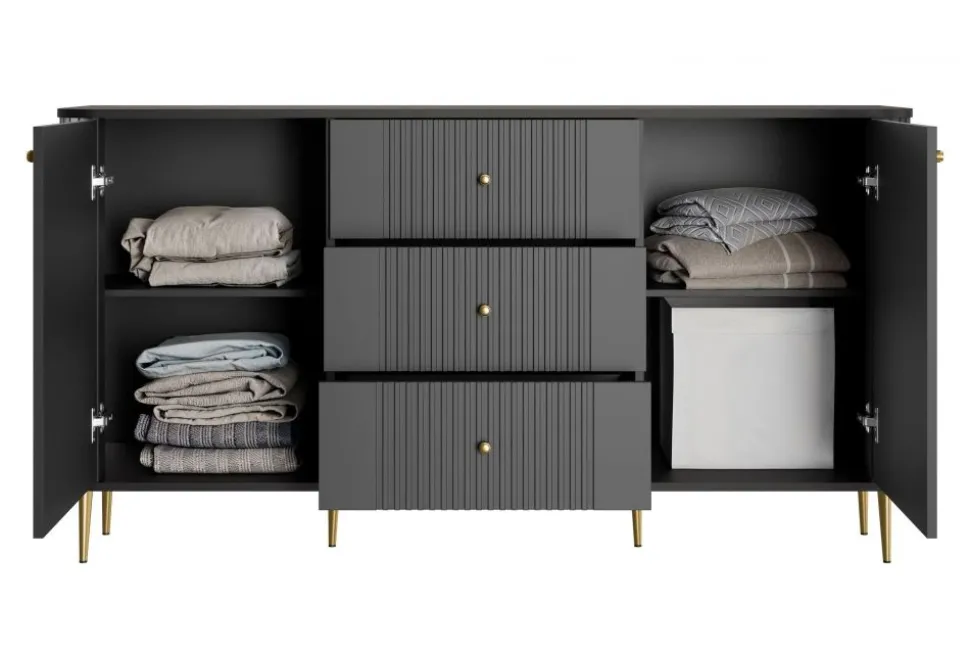 VESPER KOMODA 160 2D3SZ - czarny mdf / czarny mdf / złote nogi