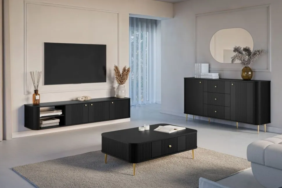 VESPER KOMODA 160 2D3SZ - czarny mdf / czarny mdf / złote nogi