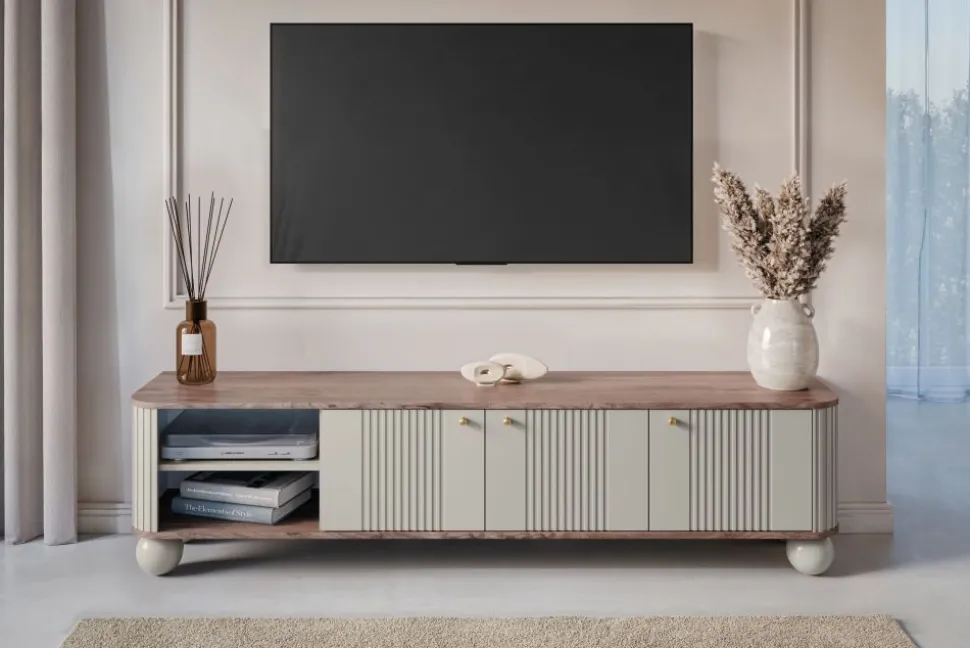 VESPER RTV 187 3D - cashmere mdf / orzech / złote uchwyty / nogi kule