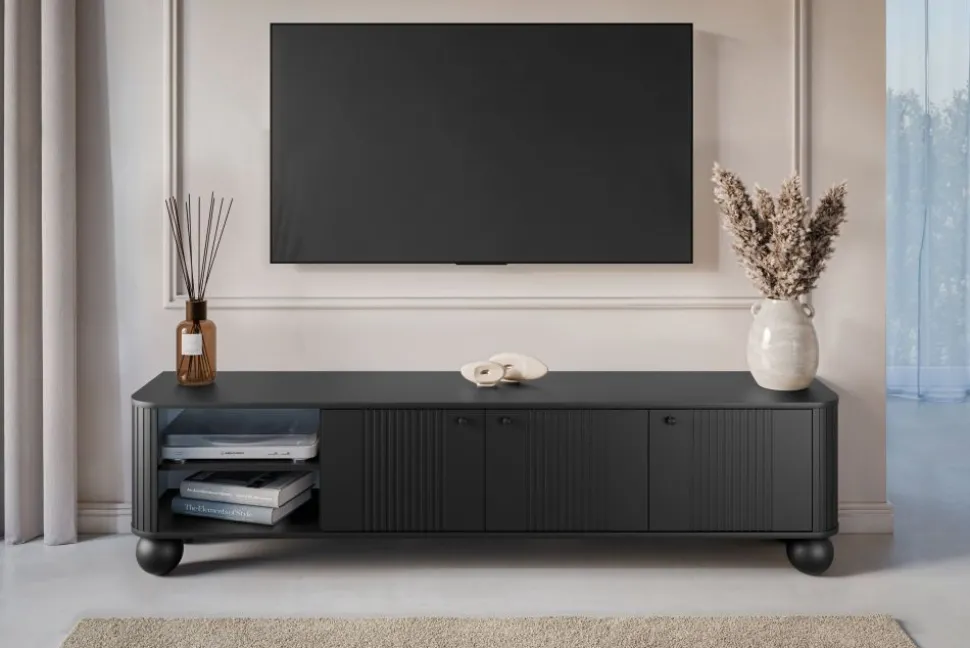 VESPER RTV 187 3D - czarny mdf / czarny mdf / czarne uchwyty / nogi kule