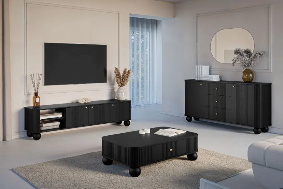 VESPER RTV 187 3D - czarny mdf / czarny mdf / złote uchwyty / nogi kule