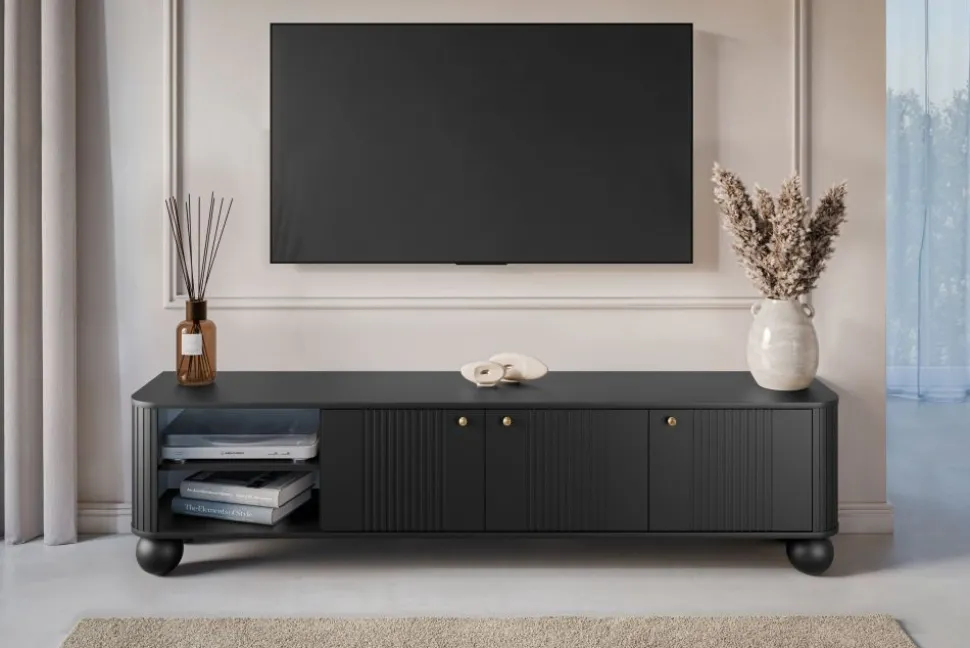 VESPER RTV 187 3D - czarny mdf / czarny mdf / złote uchwyty / nogi kule