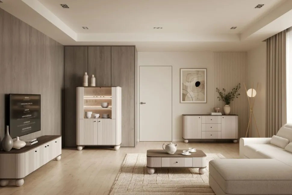 VESPER WITRYNA 103 2D - cashmere mdf / orzech / czarne uchwyty / nogi kule