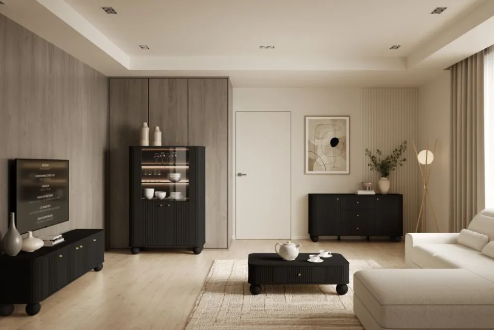 VESPER WITRYNA 103 2D - czarny mdf / czarny mdf / złote uchwyty / nogi kule