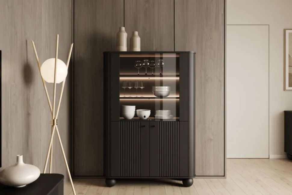 VESPER WITRYNA 103 2D - czarny mdf / czarny mdf / czarne uchwyty / nogi kule