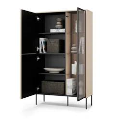 Witryna przeszklona z oświetleniem Flow FW-01 dąb vincenza bielona/czarny