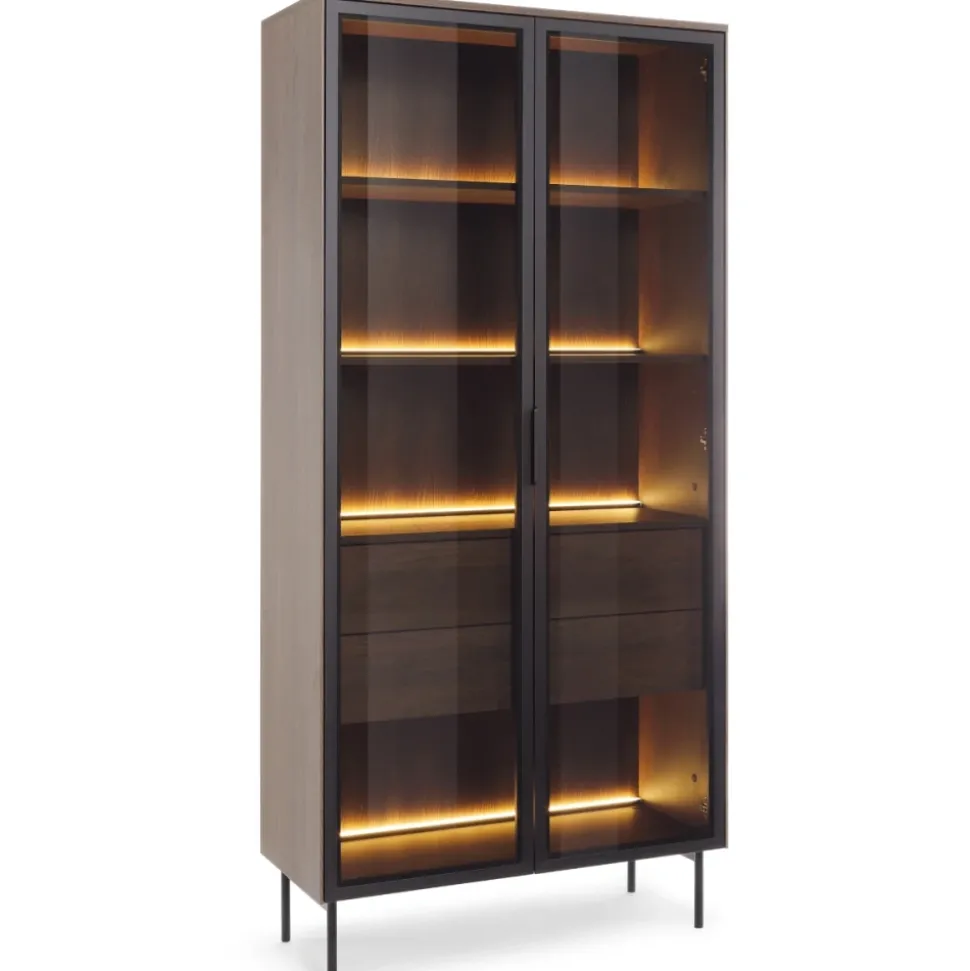 Witryna wysoka Lumi 2D2S – dąb dunin / czerń z oświetleniem LED