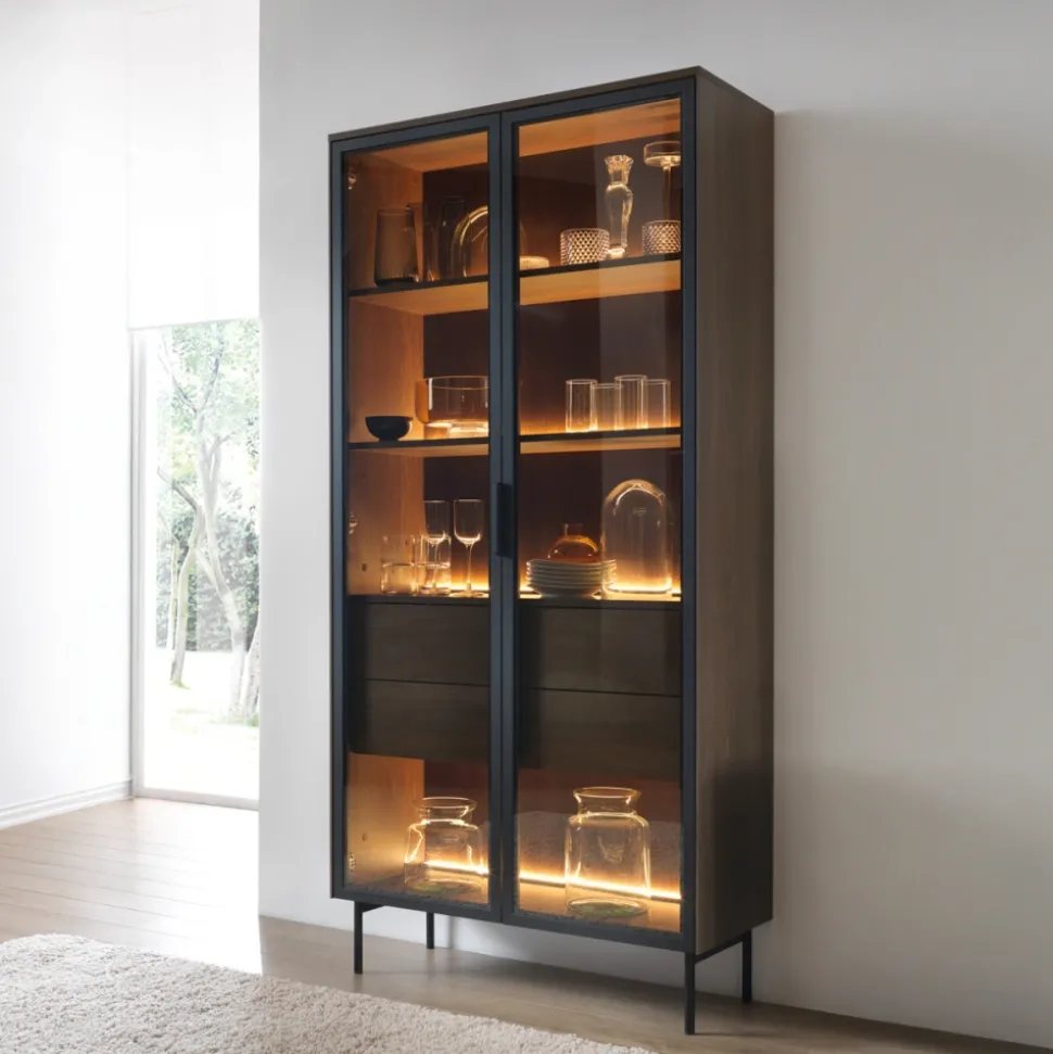 Witryna wysoka Lumi 2D2S – dąb dunin / czerń z oświetleniem LED