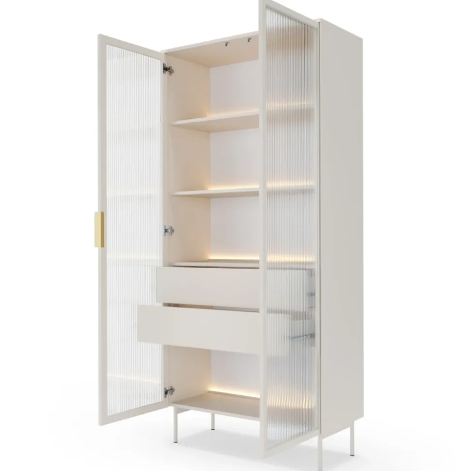 Witryna wysoka Lumi 2D2S – kaszmir / biel z oświetleniem LED i hartowanym szkłem