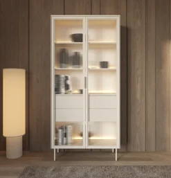 Witryna wysoka Lumi 2D2S – kaszmir / biel z oświetleniem LED i hartowanym szkłem
