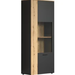 Wąska witryna 80 cm – nowoczesna witryna Esteban grafit/dąb evok ze szkłem hartowanym
