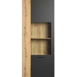 Wąska witryna 80 cm – nowoczesna witryna Esteban grafit/dąb evok ze szkłem hartowanym