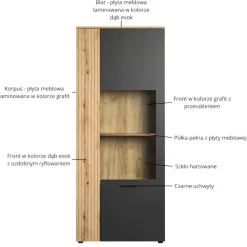 Wąska witryna 80 cm – nowoczesna witryna Esteban grafit/dąb evok ze szkłem hartowanym