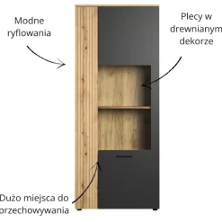 Wąska witryna 80 cm – nowoczesna witryna Esteban grafit/dąb evok ze szkłem hartowanym