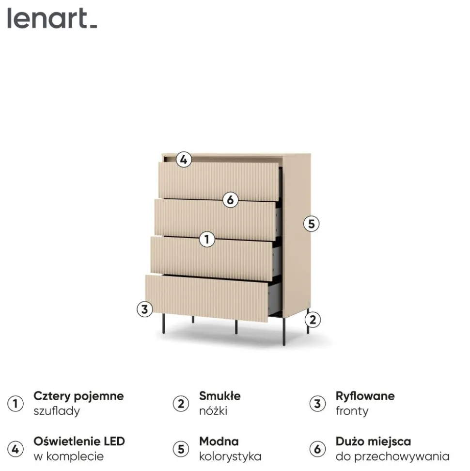 Wysoka komoda do sypialni z szufladami Lenart TREND TS-04 Beż piaskowy + czarny