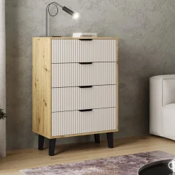 Wysoka komoda z czterem szufladami 4S, dąb artisan i kaszmir BORG DUO