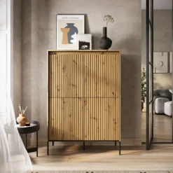 Wysoka, ryflowana komoda Lenart Trend TR-03 szara