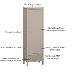 Wysoki regał ryflowany z szafką i szufladą kolor taupe Lewy / Prawy KLEO KL-07