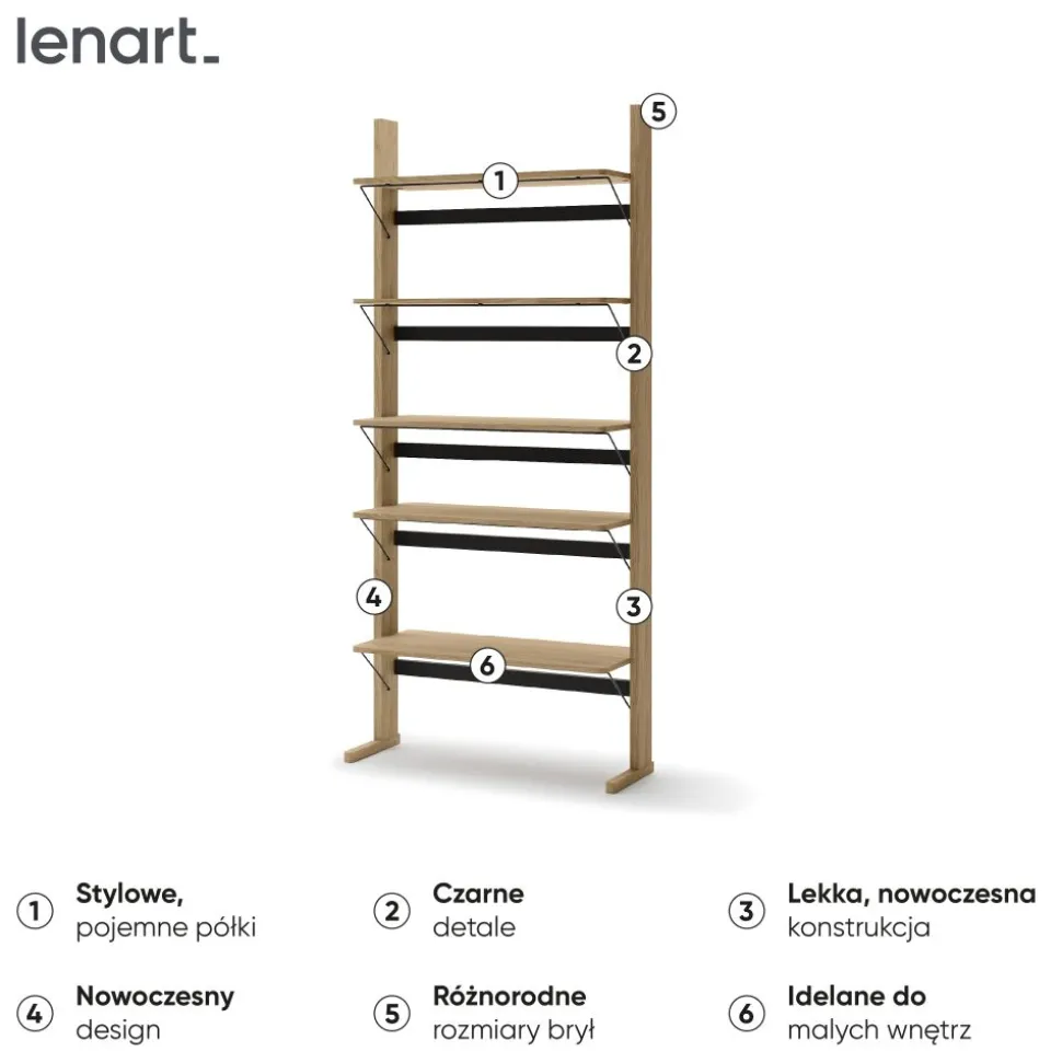 Wysoki regał z półkami Lenart OLLIE OL-05 dąb olejowany+ czarny